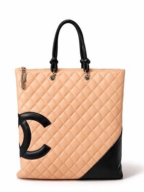 Chanel Cambon Ligne Flat Tote Beige Black Quilted CC Large Shopper Bag Authentic